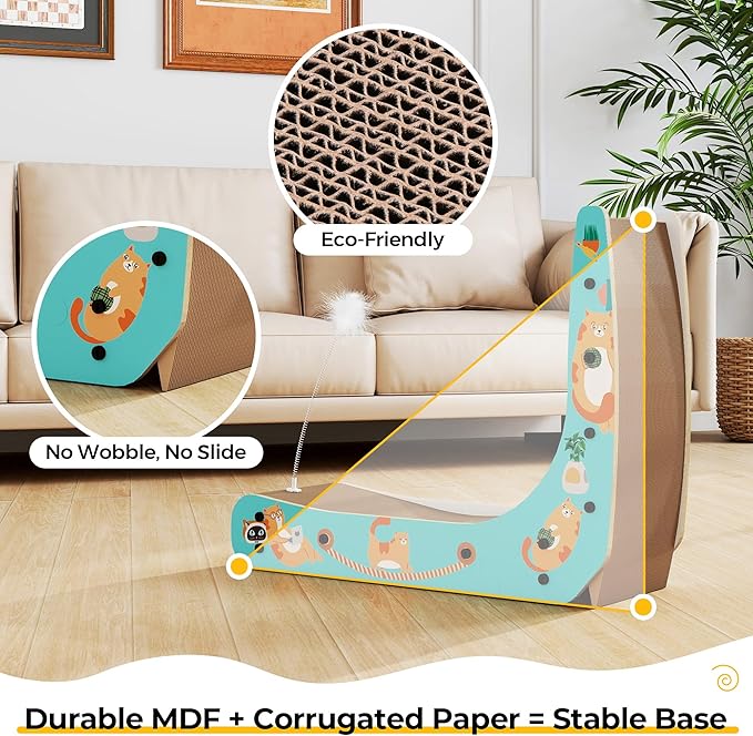 COZIWOW L-Shape Cat Scratcher Lounge, Corrugated Cardboard Scratching Pad for Indoor Cats, Durable Cat Furniture with Spring Toy (Colorful)