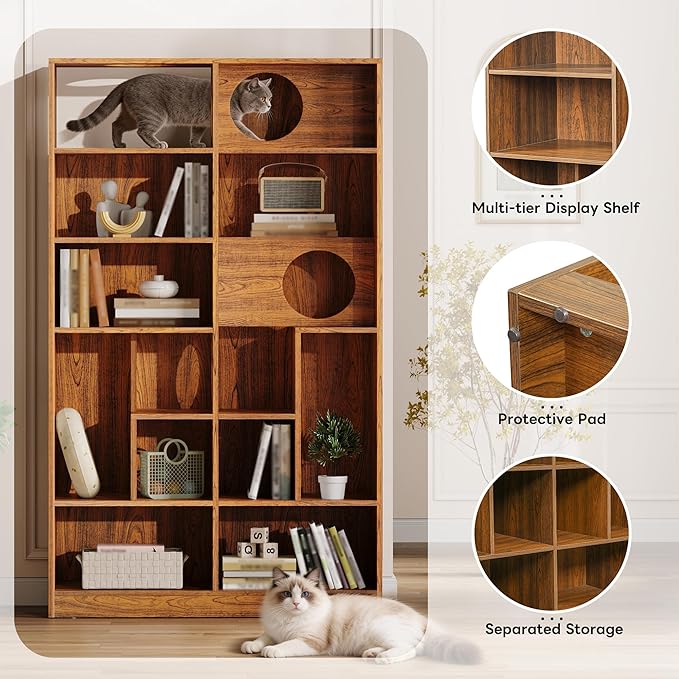 Bookcase Wooden Cat Tree, Brown Bookshelf Indoor Cat House Pet Furniture, Display Case with Storage, Cat Litter Box Enclosure Climbing Shelf