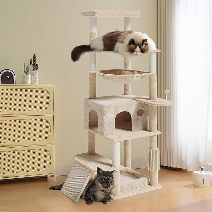 66 inches Cat Tree, Multi-Level Tall Modern Cat Tower for Indoor Large Cats Adult with Sisal Scratching Posts & Board, Padded Platforms, Hammock and Condo, Beige