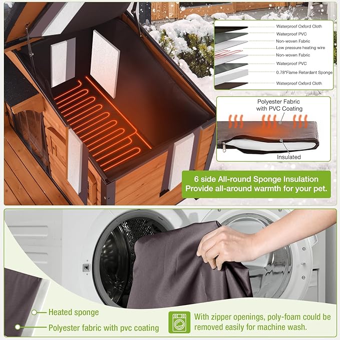 GUTINNEEN Heated Dog House Outdoor with Proch Weatherproof Dog Kennel with Heating Pad Anti-Chewing Iron Frame Dog Shelter for Small Medium Dogs(Brown)