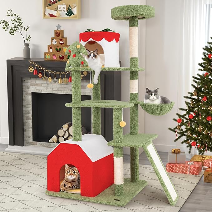 PETSITE 61 inch Cat Christmas Tree, Multi-Level Cat Tower with Sisal Scratching Posts, 2 Cat Condos, Basket Bed, Sisal Covered Ladder, Cute Cat Tree for Indoor Cats