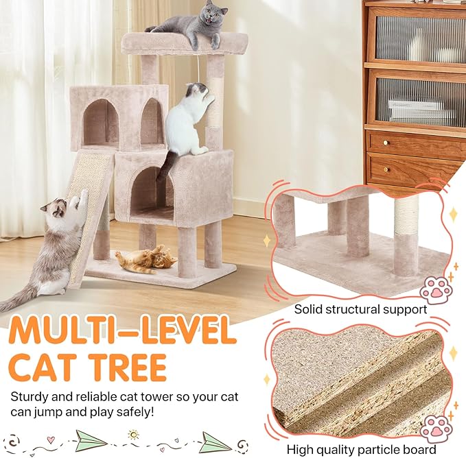 Cat Tree 36-Inch Cat Tower with Scratching Post Multi-Level Cats Condo with Ramp,Large Perch,Dangling Ball,Pet Play Tower for Kittens & Adult Cats(Beige)