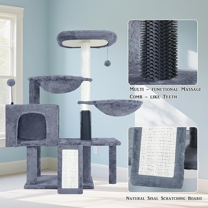 Cat Tree with Cat Condo and Hammock,Cat Tower with Self-Grooming Brush,Toy Balls,Scratching Posts and Scratching Pads,Cat Tree Tower for Indoor Cats,Grey