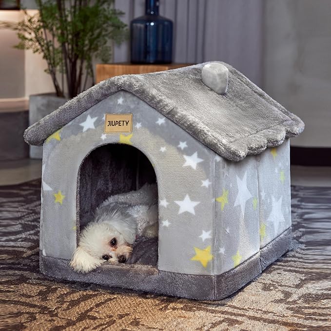JIUPETY Cute Indoor Dog Houses, Dog Bed with Cover Cave, M Size for 6-11 Lb Dogs and 9-17 Lb Cats, Igloo Pet House with Non-Slip Bottom, Grey