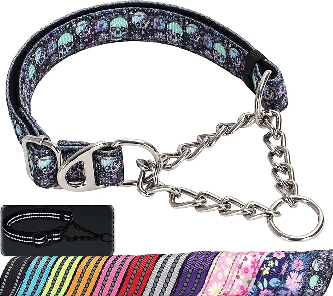 Martingale Dog Collar with Chain,Skull Reflective Nylon Soft Padded Adjustable Choke Collar for Large Breed Dogs, Medium, XL, XXL - Training & Walking Collar(Skull L)