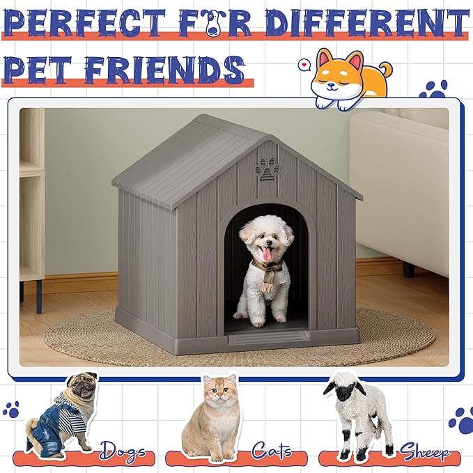 Bifanuo Dog House Outdoor Indoor, Plastic Small Dog House-Weatherproof Design with Air Vents & Elevated Floor for Small to Medium Dogs, Easy Clean and Assemble (Grey)