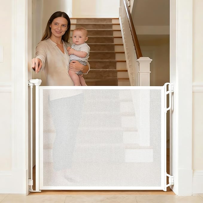 Retractable Safety Baby Gate or Mesh Dog Gate,Durable Portable Mesh Retractable Gate,Easy to Use for Stairs, Doorways, Hallways, Indoor, Outdoor, 33.5" Tall, Up to 45" Wide, White