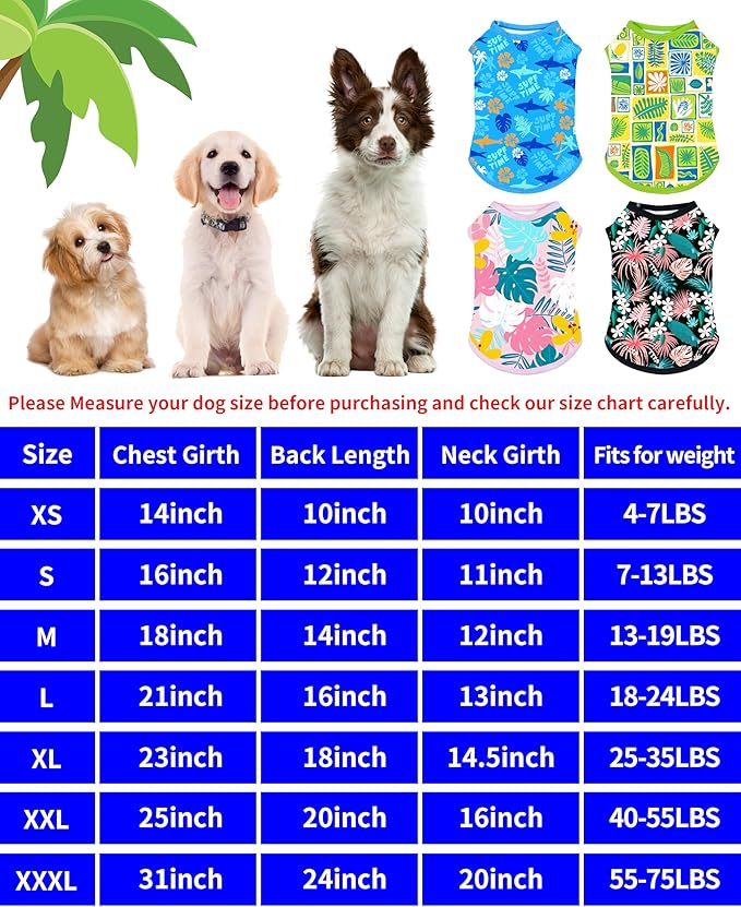 PET SHOW 4 Pack Dog Hawaiian Shirts for Large Dogs UPF 50+ UV Sun Protection Summer Cool Clothes Tank Top Floral Dog T-Shirts Pet Holiday Party Sleeveless Vest Boy Girl(XX-Large)