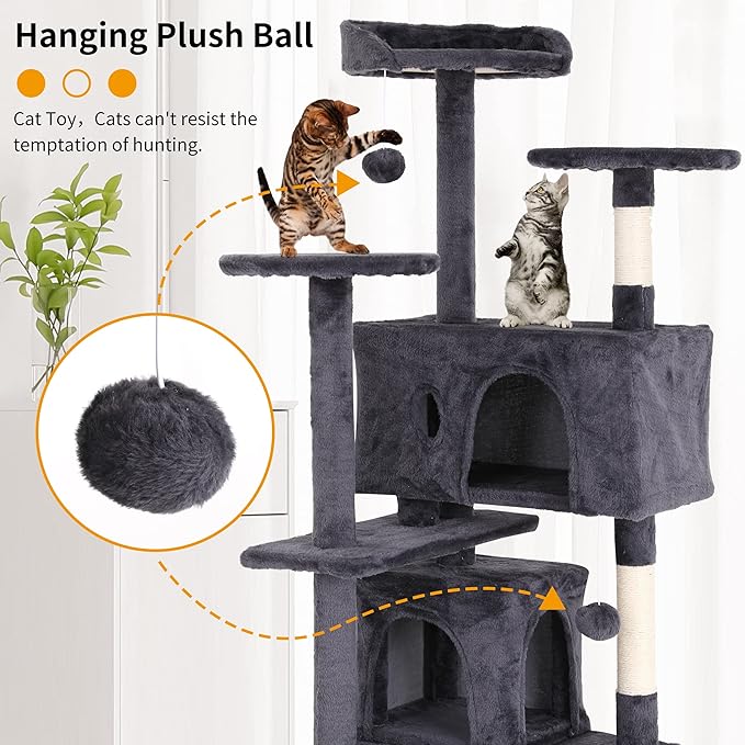 BLKMTY Cat Tree 70" Tall Cats Tower Large Cat Condo Climber Cats Climbing Stand with Top Perches Playhouse and Climbing Ladder Kitty Activity Tree w/Scratching Post Toys, Light Gray