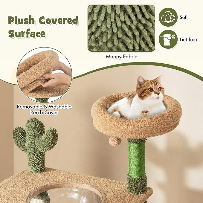 PETSITE 59 inch Cactus Cat Tree Tower, Multi-Level Cat Tower with Sisal Scratching Posts, Board and Rope, Cat Condo, Capsule Bed, Hanging Ball and Self Groomer, Cute Cat Tree for Indoor Cats