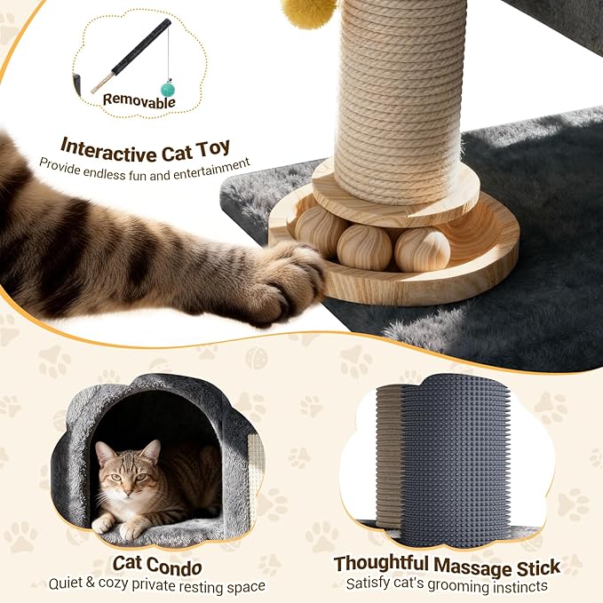 【SteadyCore】 PetDance All-in-1 Cat Tree Tower with Heavy Duty Board, Solid-Wood,Small Cat Tower with Multiple Fun:Interactive Track Ball Toy & Self-Grooming Brush for Indoor Cats,Dark Gray