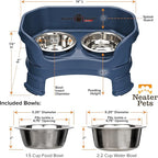 Neater Feeder Deluxe Mess-Proof Elevated Dog Bowls for Small Dogs (Up to 19 lbs), 2 Height Adjustable (6” & 7.5”) No-Spill Raised Dog Bowl Stand, Stainless Steel Food Bowl Set, Made in USA, Dark Blue
