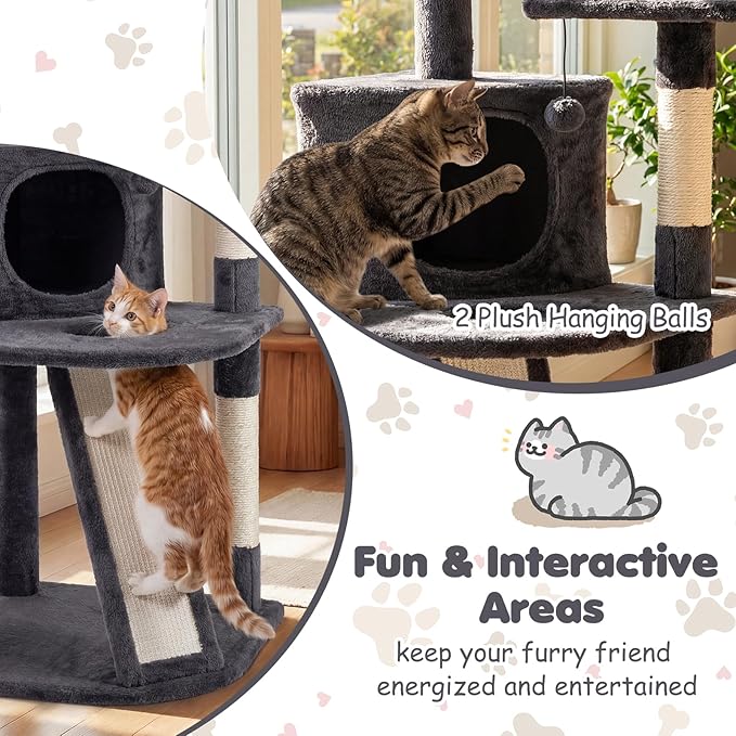 Tangkula Corner Cat Tree, Multi-Level Cat Tower with Top Perches & Cozy Condo, Natural Sisal Scratching Posts & Climbing Ladder, Playful Cat Hole & Hanging Balls, Climbing Play Center (Dark Gray)