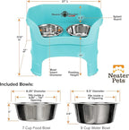 Neater Feeder Deluxe Mess-Proof Elevated Dog Bowls for Large Dogs (40+ lbs), 2 Height Adjustable (14.5” & 17.5”) No-Spill Raised Dog Bowl Stand, Stainless Steel Food Bowl Set, Made in USA, Aquamarine