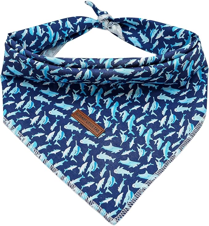 Elegant Little Tail Dog Bandana, Shark Print Pet Birthday Cotton Boy Dog Bibs Scarf, Soft Adjustable Square Kerchief for Small Large Dogs