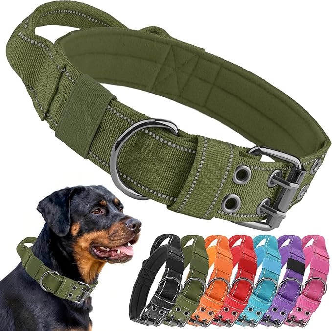 Tactical Dog Collar with Control Handle, Military Adjustable Pet Collar Reflective Heavy Metal Buckle Dog Collar, Soft Nylon Training Collar for Medium Large Dogs (Green, X-Large)