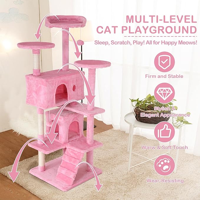 54 Inch Tall Cat Tree Tower - Multi-Level Cat Condo with Scratching Post, Toys & Rest Area, Pink