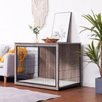 DWANTON Dog Crate Furniture with Cushion, Wooden Kennel Table with Double Doors, Indoor Dog House, Extra Large Size, 43.3" L, Greige