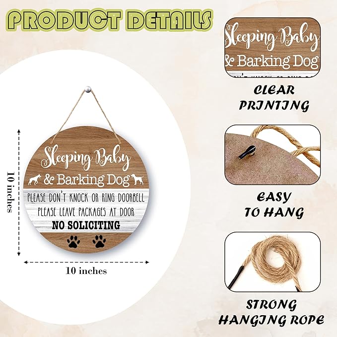 Baby Sleeping Sign Decor, Do Not Knock Or Ring Doorbell Hanging Sign For Front Door, No Soliciting Sign For Home Baby Room Nursery Outdoor, Funny Dog Warning Round Door Hanger Decorations -b03