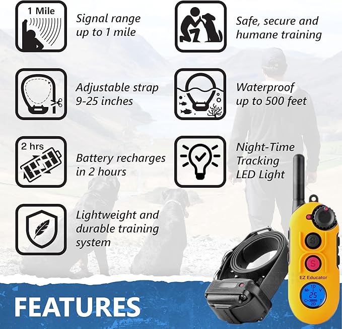 Educator EZ-900 E Collar for Dog Training with Remote - 1/2 Mile Range, Waterproof, 256 Blunt Stimulation Levels, Tone or Vibration Mode, Night Tracking Light for Small, Medium & Large Dogs