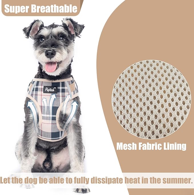 PUPTECK Small Dog Harness and Leash Set, No Pull Adjustable Puppy Cat Harness, Reflective Soft Mesh Pet Vest Small Sized, Beige Plaid, M