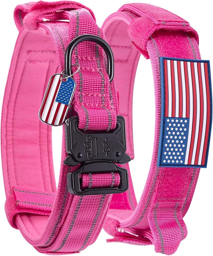 Dog Collar Tactical Highly Reflective Military Pet Collar Nylon with a American Flag Patch and a American Flag Pendant K9 Collar with Metal Buckle and Control Handle for L Pink