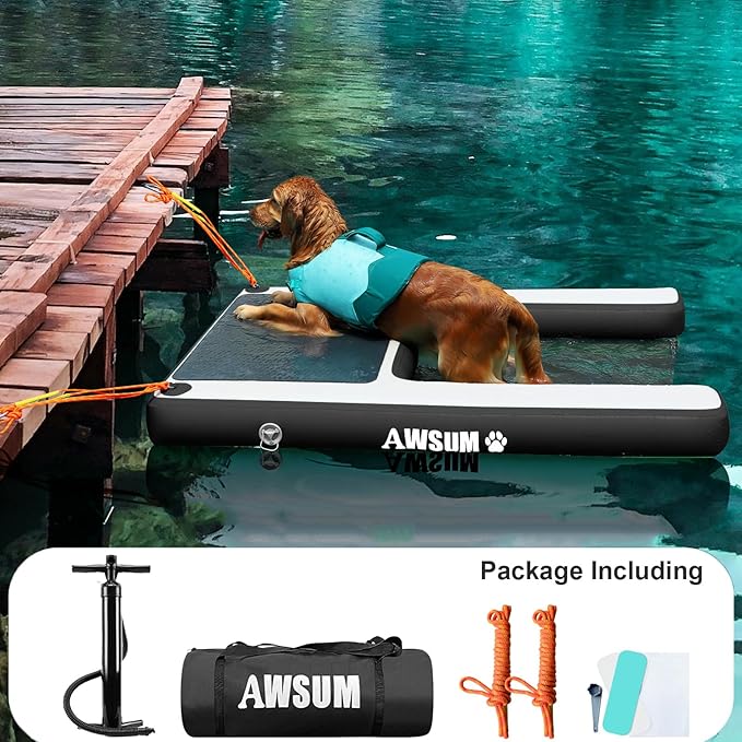 AWSUM Inflatable Dog Water Ramp Extra Large Dog Boat Ramp Floating for Dogs Up to Large 250LBS On Water Float Ladder Steps for Pool, Dock, Lake, Black/Grey