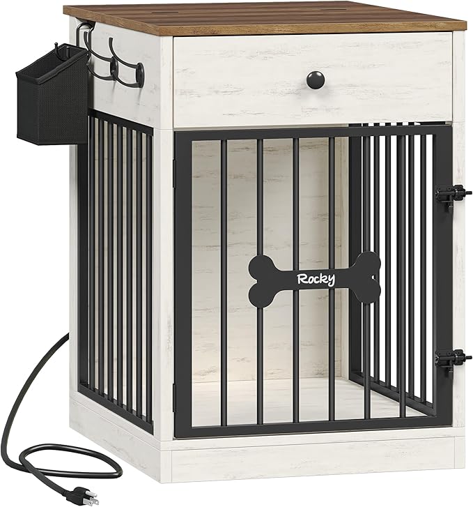24.6'' Dog Crate Furniture with Charging Station, Dog Kennel Indoor with Flip-Top Storage, Wooden Pet Cage Dog House End Side Table for Small Dogs Anti-Chew Anti-Escape, White Brown DFC90114B