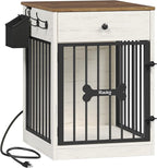 24.6'' Dog Crate Furniture with Charging Station, Dog Kennel Indoor with Flip-Top Storage, Wooden Pet Cage Dog House End Side Table for Small Dogs Anti-Chew Anti-Escape, White Brown DFC90114B