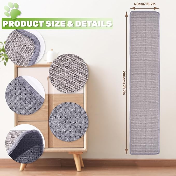 Natural Sisal Cat Scratcher Mat, Wall Scratcher Carpet, Cat Climbing Wall, Large Tall Scratching Post, Sofa Protector, Scratching Mat Pad for Indoor Cats (Gray, 78.7" Lx15.7 W, 1PC)