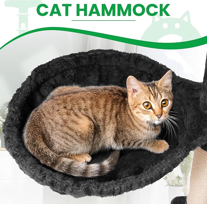 54 Inches Large Cat Tree Tower for Indoor Cat, Tall Cat Tower with Scratching Posts, Cat Condos, Cat Hammock, Pompoms, Top Perches, Sisal Rope, for Bed Room, Living Room (Black)