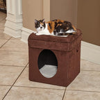 MidWest Homes for Pets Feline Nuvo Curious Cat Cube, Foldable Pet Hideout with Toy, Bolstered Bed Top, Faux Brown Suede, Synthetic Sheepskin
