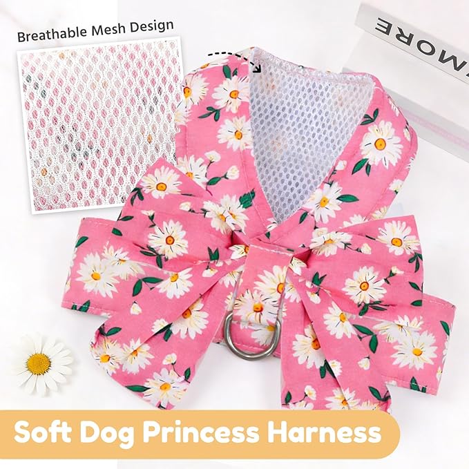 BAEJMJK Dog Harness and Leash Set with Bow Knot No Pull Pet Daisy Floral Harness with D-Ring Soft Mesh Dog Harness Vest Set Escape Proof Princess Puppy Harness for Small Girl Dogs Cats（Pink XS）