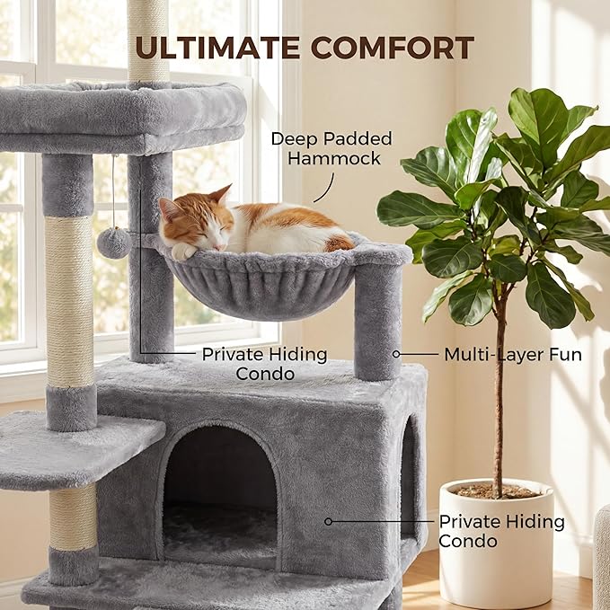 71" Tall Cat Tree for Indoor Cats, Multi-Level Cat Tower with Condo, Hammock & Top Perch, Sturdy Cat Activity Center with Scratching Posts, Soft Faux Fur Cat Furniture, Light Grey