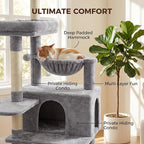 71" Tall Cat Tree for Indoor Cats, Multi-Level Cat Tower with Condo, Hammock & Top Perch, Sturdy Cat Activity Center with Scratching Posts, Soft Faux Fur Cat Furniture, Light Grey