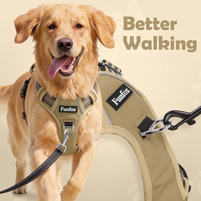 Funfox Dog Harness No Pull, Adjustable Pet Vest Harness, Super Soft Material with Vertical Handle Easy Control, Reflective Night Walking, 2 Leash Clips for Small Sized Dogs, Brown, S
