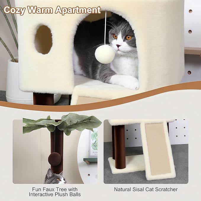 41″ Cat Tree for Indoor Cats Furniture, Cat Tower with Scratching Board, Modern Activity House for Large Cats, Condo with Ball Toys, Kittens Cave, Cat's nest, Beige White