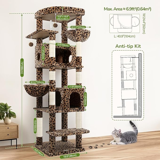 Globlazer Heavy Duty Cat Tree, 74inch Sturdy Cat Tower for Large Cats Adult, Big Cat Tree with 7 Sisal Scratching Posts, 2 Padded Cat Condos, 2 Hanging Baskets, Enlarged Top Perch, S74, Leopard Print