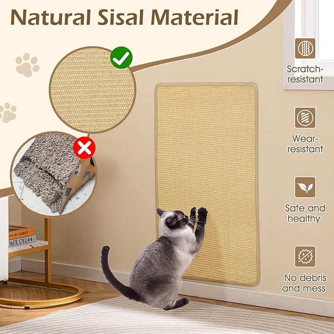 PETSITE Cat Scratcher Mat, Natural Sisal Scratching Mats, Horizontal Cat Floor Scratching Pad Rug with Adhesive Hook Loop Tapes (4, 31.5 x 19.69 in)