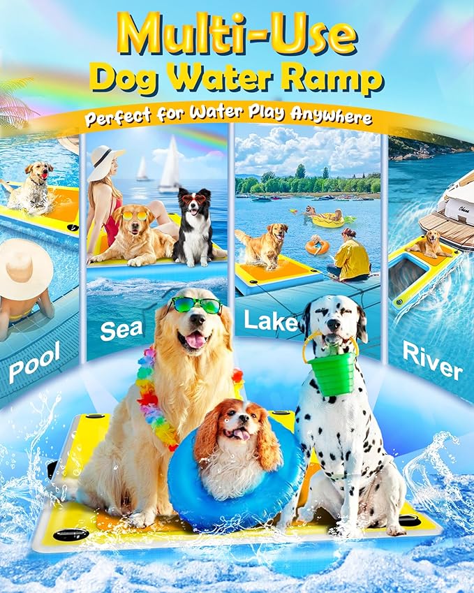 Inflatable Dog Pool Water Ramp – 60"x40" Extra Large Boat Ramp for Dogs Up to 240 lbs, Non-Slip Puncture-Resistant Floating Dock Platform, Water Ladder for Lakes, Pools, Boats & Oceans