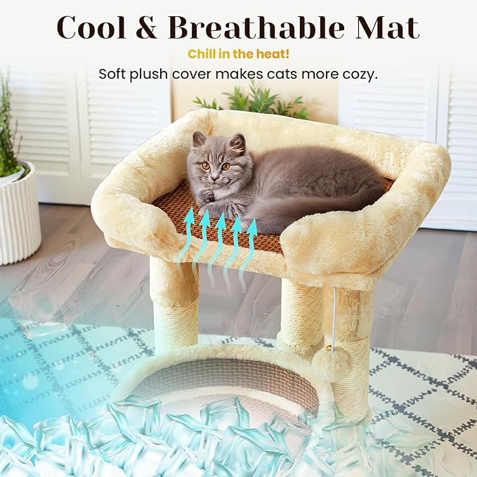 Multi-Level Cat Tree for Indoor Cats, Modern Cat Tower with Double Beds & Scratching Posts, 27in Cat Tree for Large Cats and Kitten, Small Cat Climbing Tower with Hanging Toys, Cream White