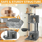 Cat Tree, 54-Inch Cat Tower for Indoor Cats,Plush Multi-Level Cat Condo with Scratching Posts, Basket, Perches,2 Caves,2 Pompoms(Gray)