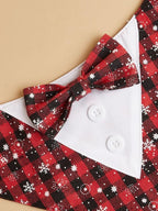 Adjustable Red Plaid Christmas Dog Tuxedo Bandana with Bow Tie - Holiday Pet Outfit Costume for Dogs XS to XL
