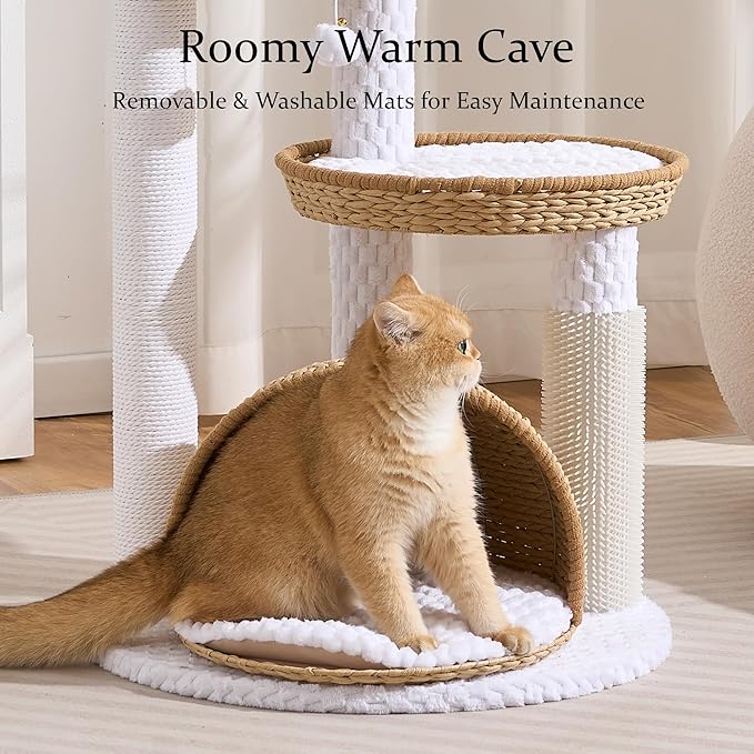 Wood Modern Cat Tree for Indoor Cat, 46" Tall Cat Tower with Scratching Posts, Cat Condo, Aesthetic Multi-Level Cat Climbing Tree with Hand-Woven Bed for Adult Cats-Nature