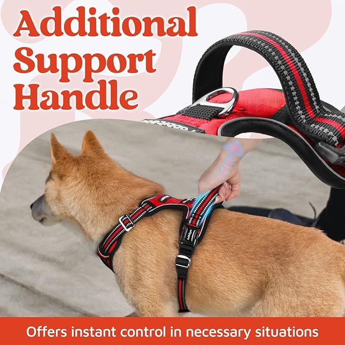 rabbitgoo Dog Harness Medium Sized, No Pull Dog Vest with 3 Buckles, Adjustable Soft Padded Pet Harness with Easy Control Handle and Reflective Strips, Red, M
