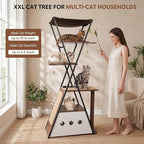 71" Modern Wood Cat Tree for Large Cats—Heavy Duty Tall Cat Tower for Indoor Cats, Multi-Level Cat Furniture with Condo, Large Perch, Scratching Posts & Hammock (Burnt Wood with White Cave)