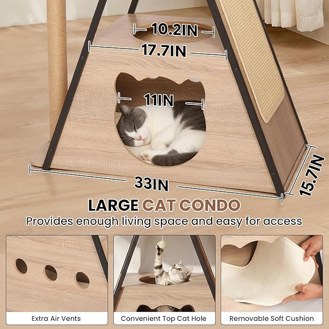 71" Modern Wood Cat Tree for Large Cats - Heavy Duty Tall Cat Tower for Indoor Cats, Multi-Level Cat Furniture with Spacious Condo, Large Perch, Scratching Posts & Hammock(Washed Grey)