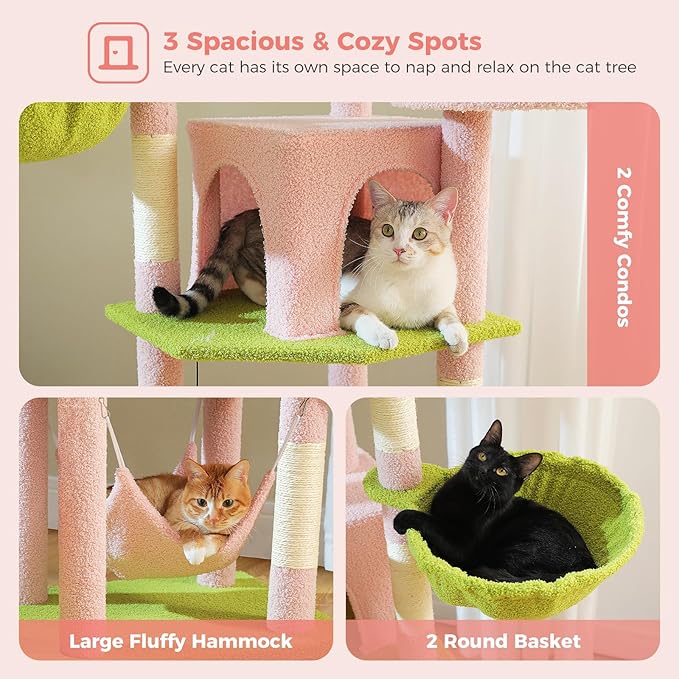 71.2 Inches Flower Tall Cat Tree for Large Cats, Multi-Level Cat Tower with 2 Cozy Condos, Super Large Top Perch, 3 Hammocks, Sisal Scratching Posts and 2 Pompoms, Pink