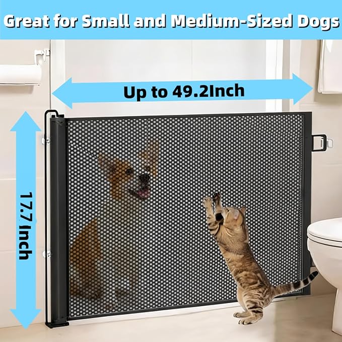 17" Step Over Retractable Dog Gate, No-Drill Pet Barrier for Doorways & Stairs, Easy Human Access & Pet Containment, Adjustable Small Dog Gate for Indoor Use