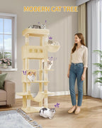 Cat Tree for Indoor Cats, 69.9 Inch Large Tall Cat Tower, Multi-Level Cats House with Condo, 8 Scratching Posts, Hammock, 4 Pom Poms, Beige MS17018YL